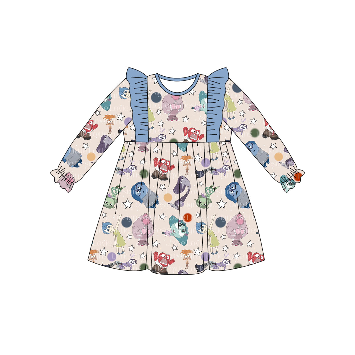 (Custom Design Preorder MOQ 5) Cartoon Figure Inside Out Stars Print Girls Knee Length Dress
