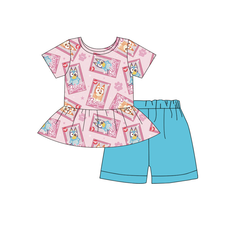 (Custom Design Preorder MOQ 5) Cartoon Dog Top Blue Shorts Girls Summer Clothes Set