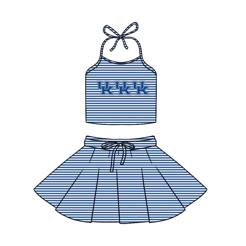 (Custom Design Preorder MOQ 5) Team's Kentucky Stripes Halter Top Skirts Girls Summer Clothes Set