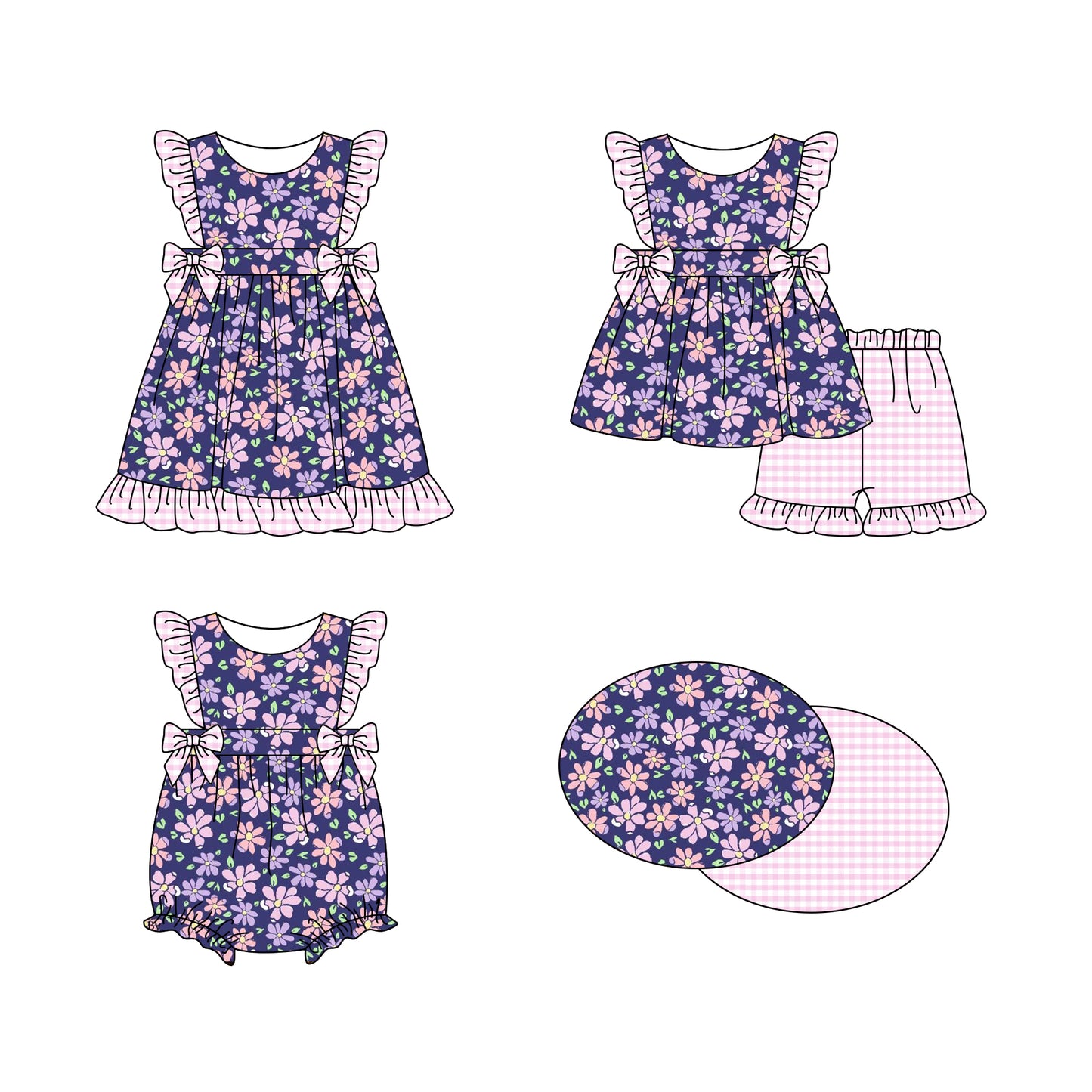 11.16(Custom Design Preorder MOQ 5 Each Design) Pink Flowers Purple Print Girls Summer Matching Clothes Sisters Wear