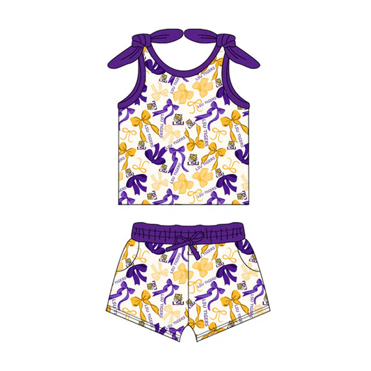 (Custom Design Preorder MOQ 5) Team's LSU Tigers Top Shorts Girls Summer Clothes Set