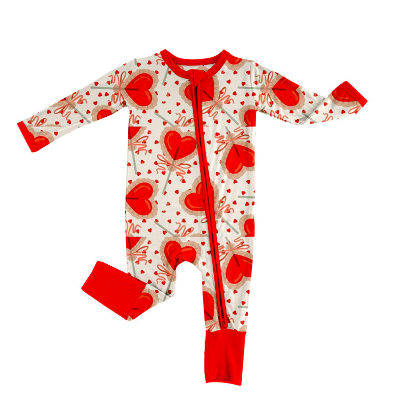 (Custom Design Preorder MOQ 5) Heart Print Baby Girls Valentine's Zipper Romper