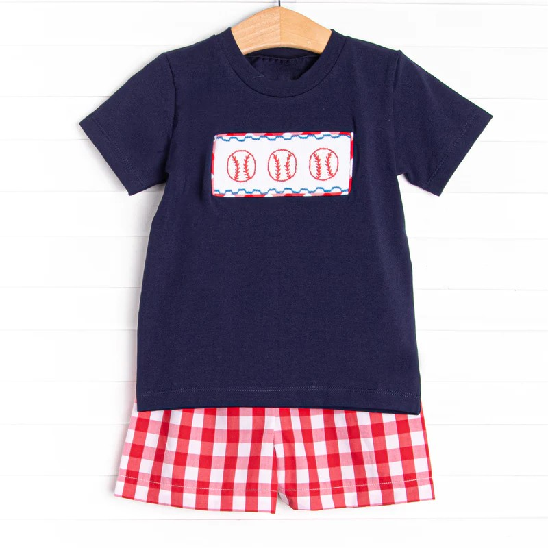 (Custom Design Preorder MOQ 5)Baseball Navy Top Red Plaid Shorts Boys Summer Clothes Set