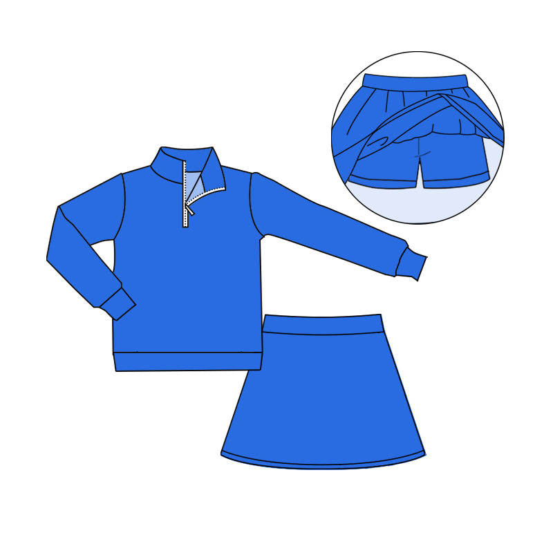 (Custom Design Preorder MOQ 5) Blue Color Zip Top Shorts Skirts Girls Yoga Clothes Set