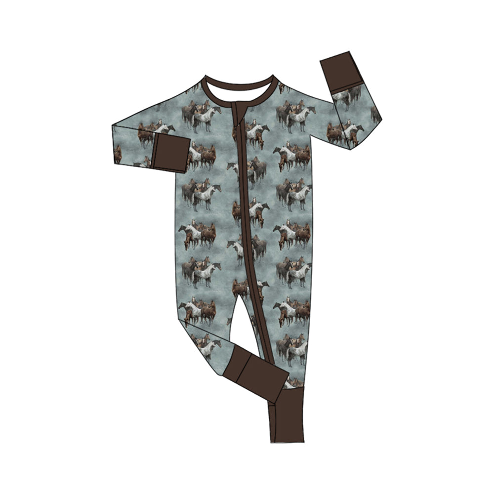 (Custom Design Preorder MOQ 20) Horse Gray Print Baby Boys Bamboo Fall Sleeper Zipper Romper