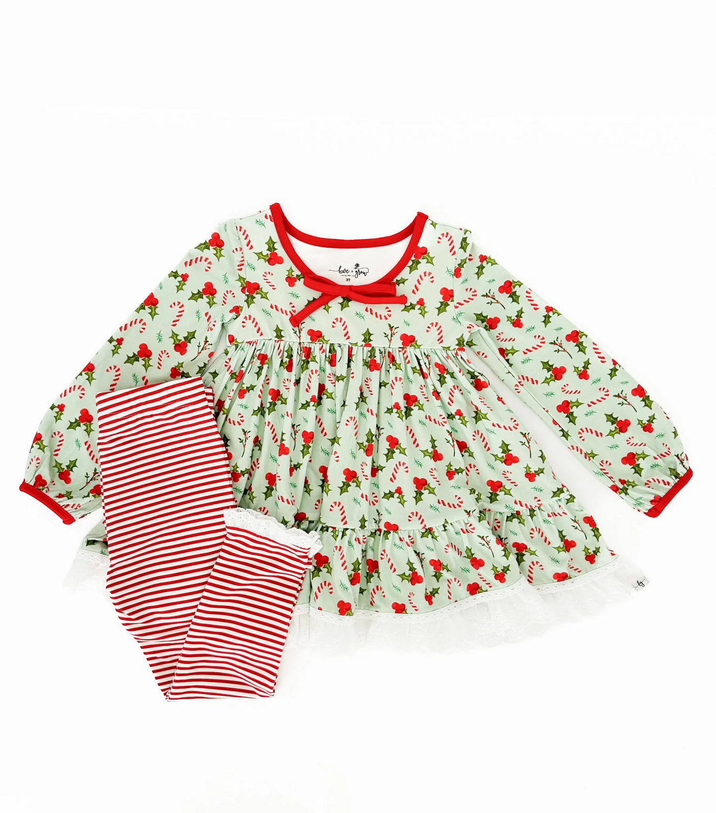(Custom Design Preorder MOQ 5) Candy Cane Holly Tunic Top Stripes Pants Girls Christmas Clothes Set