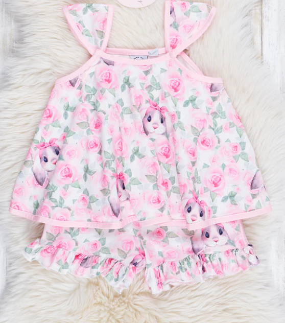 (Custom Design Preorder MOQ 5) Buuny Flowers Print Girls Easter Clothes Set