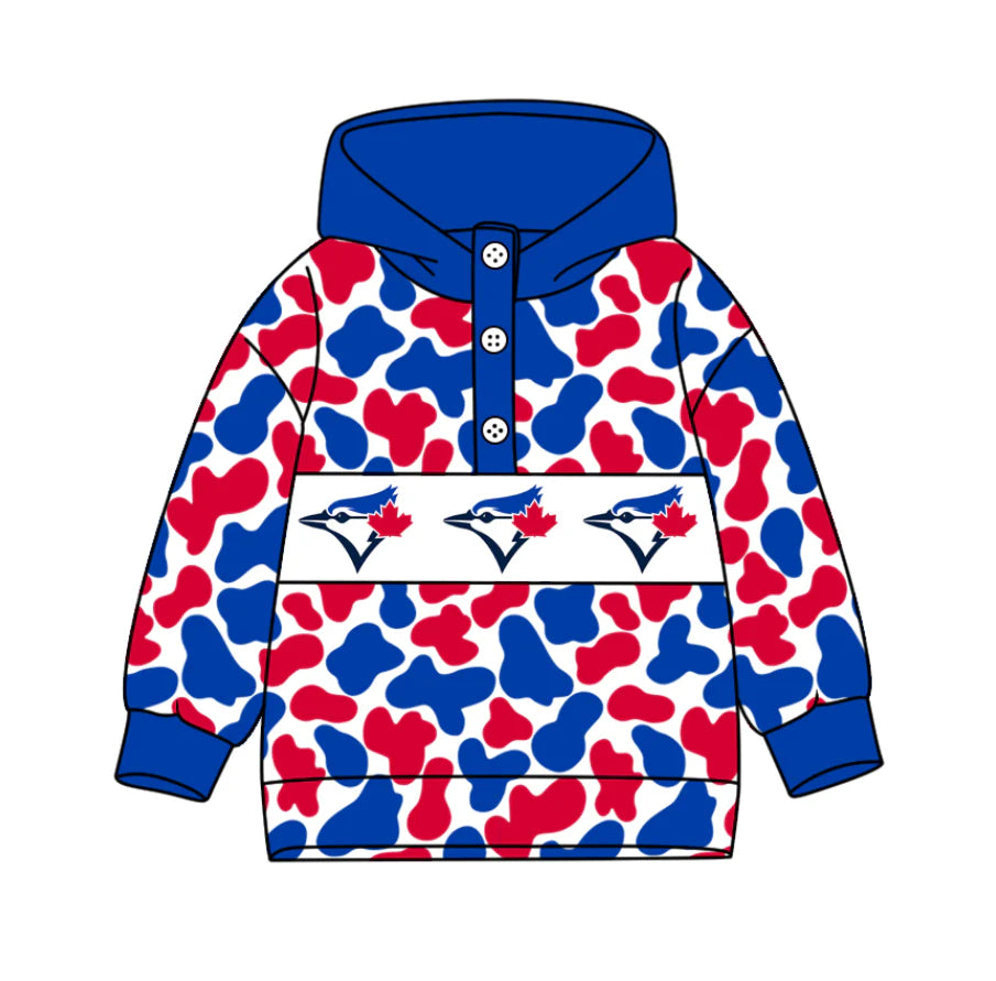 (Custom Design Preorder MOQ 5) Team's Toronto Blue Jays Camo Print Kids Long Sleeve Buttons Hoodie Top