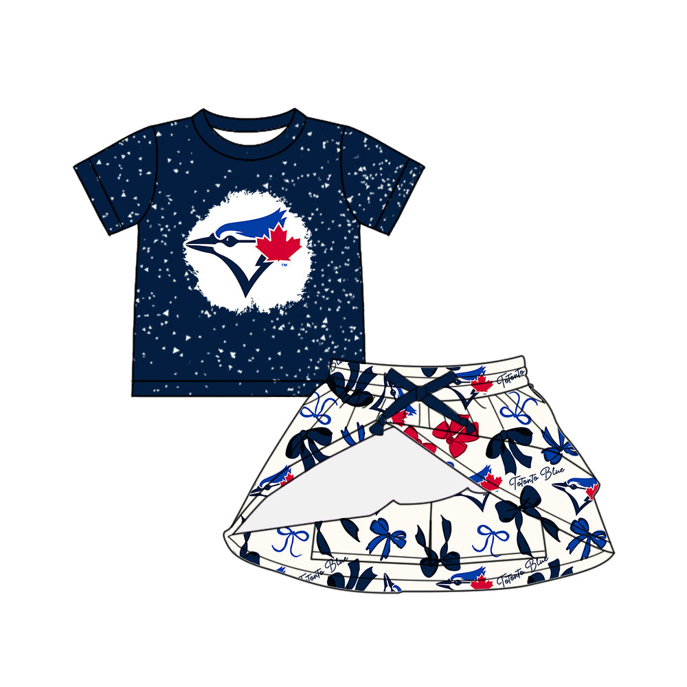 (Custom Design Preorder MOQ 5 Each Color) Team's TOTONTO BLUE Bows Print Girls Summer Clothes Sisters Matching Wear
