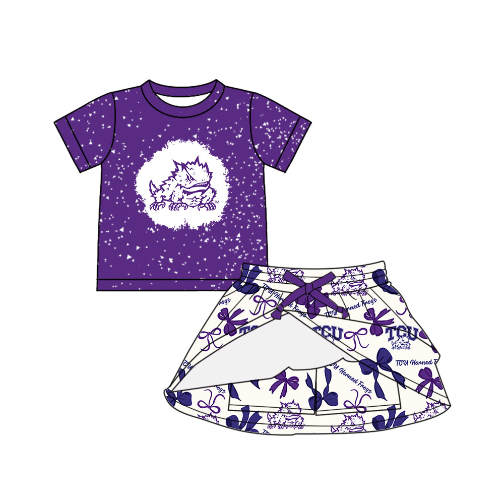(Custom Design Preorder MOQ 5 Each Color) Team's TCU Horned Frogs Bows Print Girls Summer Clothes Sisters Matching Wear