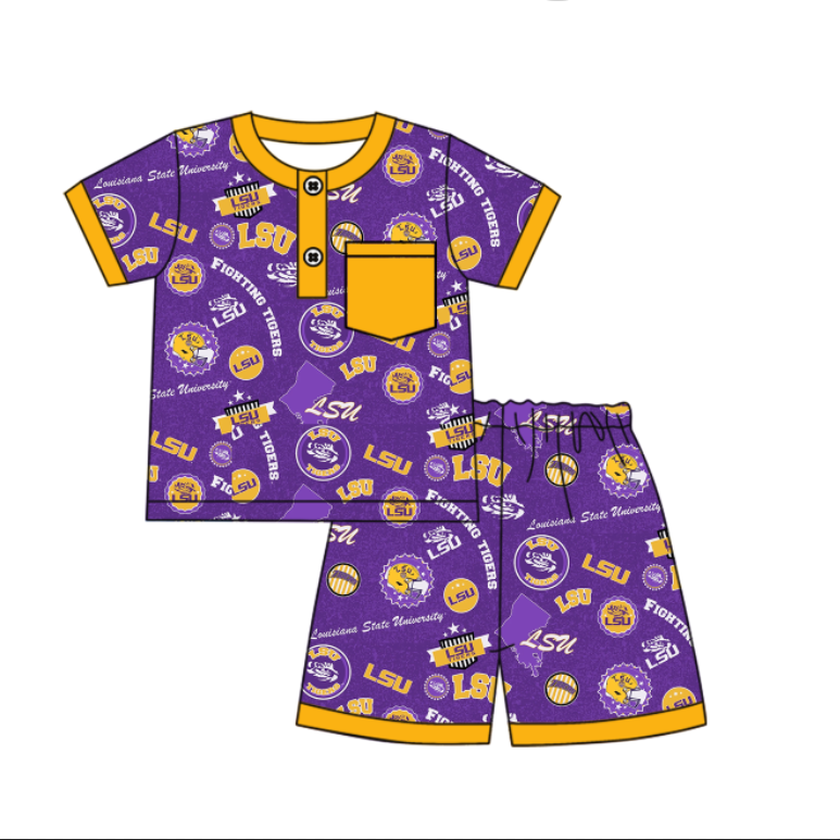 (Custom Design Preorder MOQ 5 Each Design) Team's LSU Purple Print Kids Summer Matching Clothes Sibling Wear