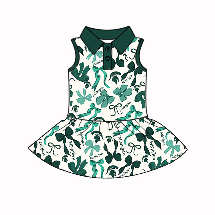 (Custom Design Preorder MOQ 5 Each Color) Team's Michigan Green Bows Print Girls Summer Clothes Sisters Matching Wear