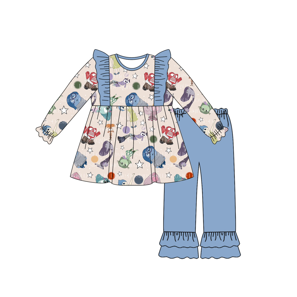 (Custom Design Preorder MOQ 5) Cartoon Figure Inside Out Stars Tunic Top Ruffle Pants Girls Clothes Set