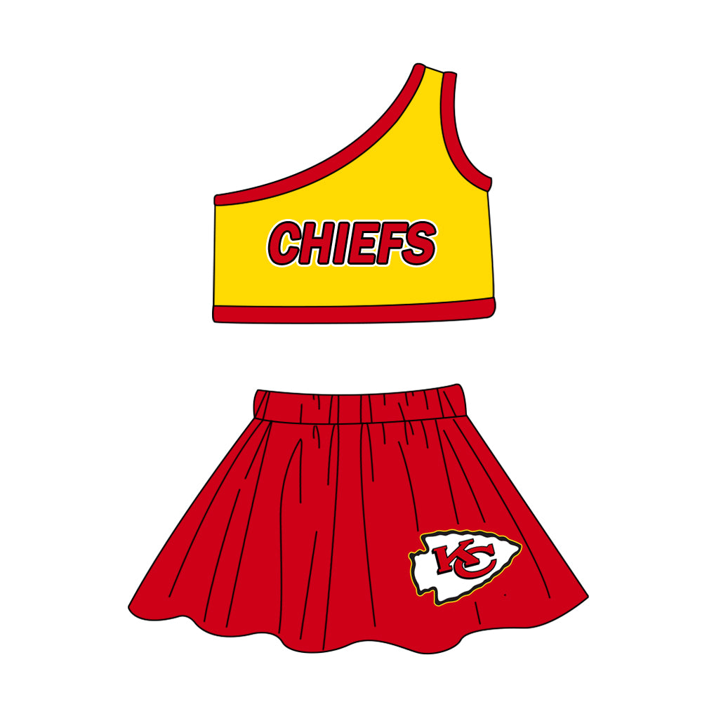 (Custom Design Preorder MOQ 5) Team's CHIEFS Print One Shoulder Sleeve Top Skirts Shorts Girls Summer Clothes Set