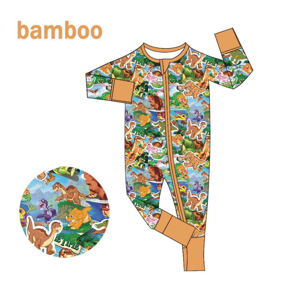 (Custom Design Preorder MOQ 20) Cartoon Dino Print Baby Girls Long Sleeve Bamboo Sleeper Zipper Romper