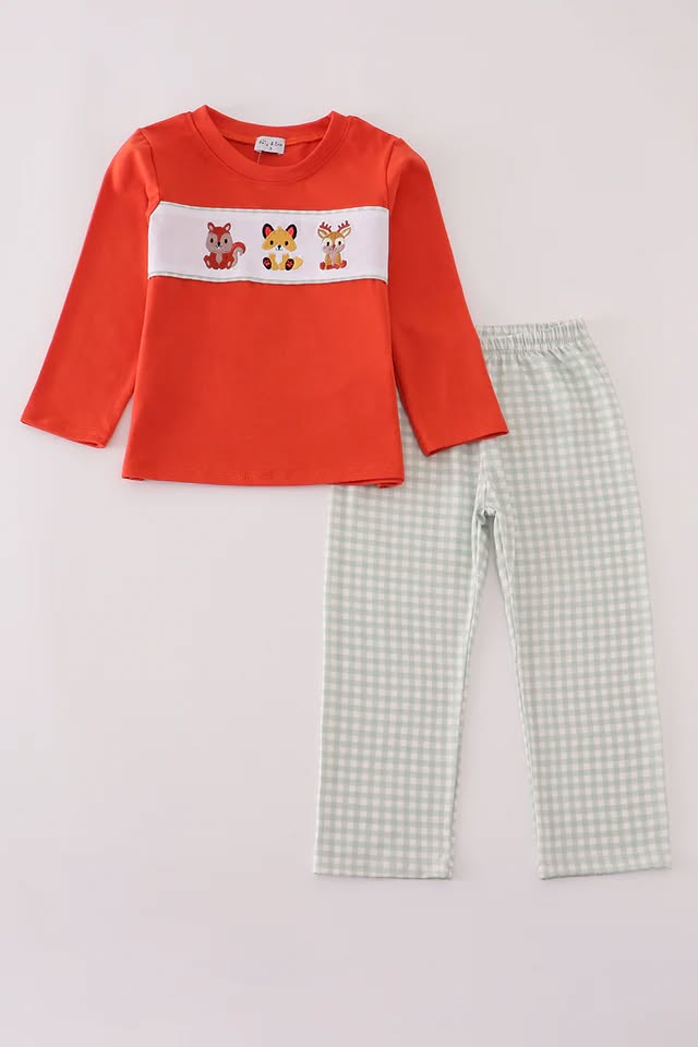 (Custom Design Preorder MOQ 5) Animals Top Plaid Pants Boys Fall Clothes Set