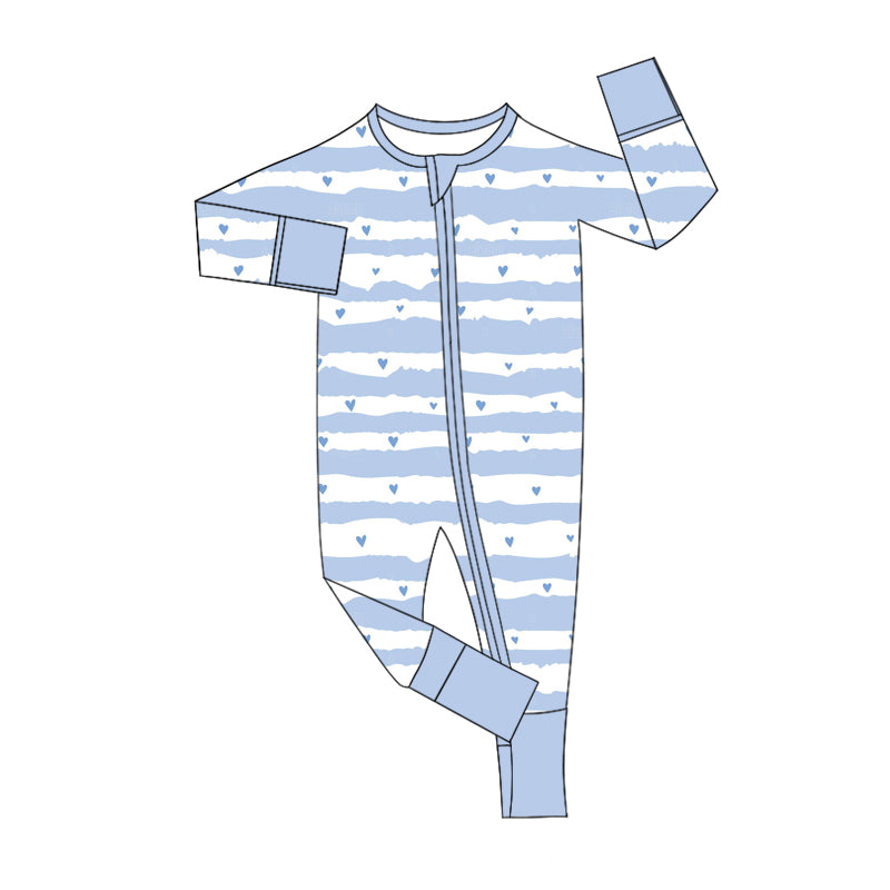 (Custom Design Preorder MOQ 20) Heart Blue Print Baby Boys Valentine's Day Bamboo Sleeper Zipper Romper
