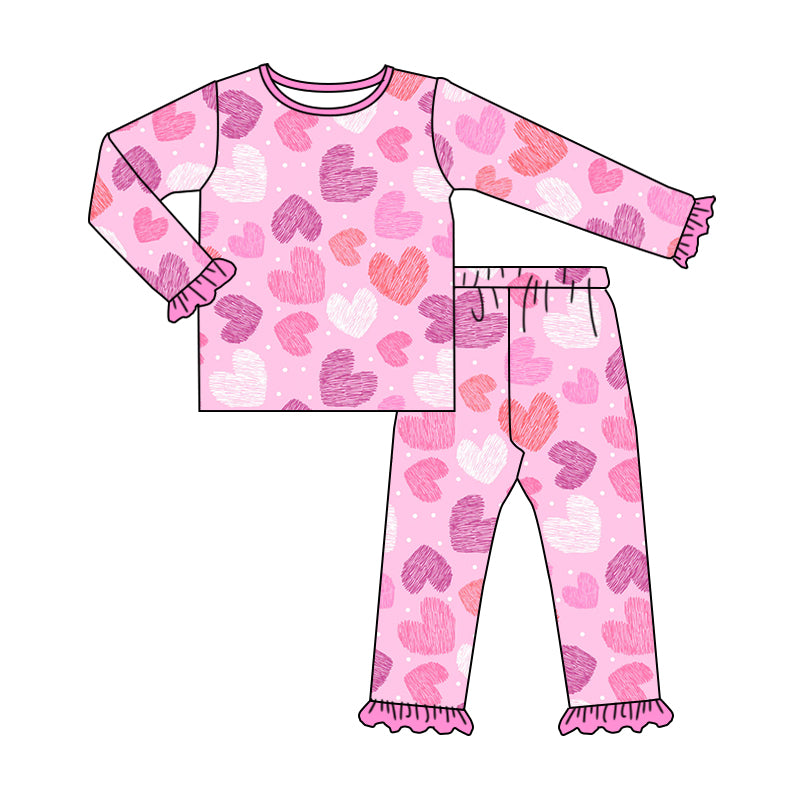(Custom Design Preorder MOQ 5) Pink Heart Print Girls Valentine's Pajamas Clothes Set