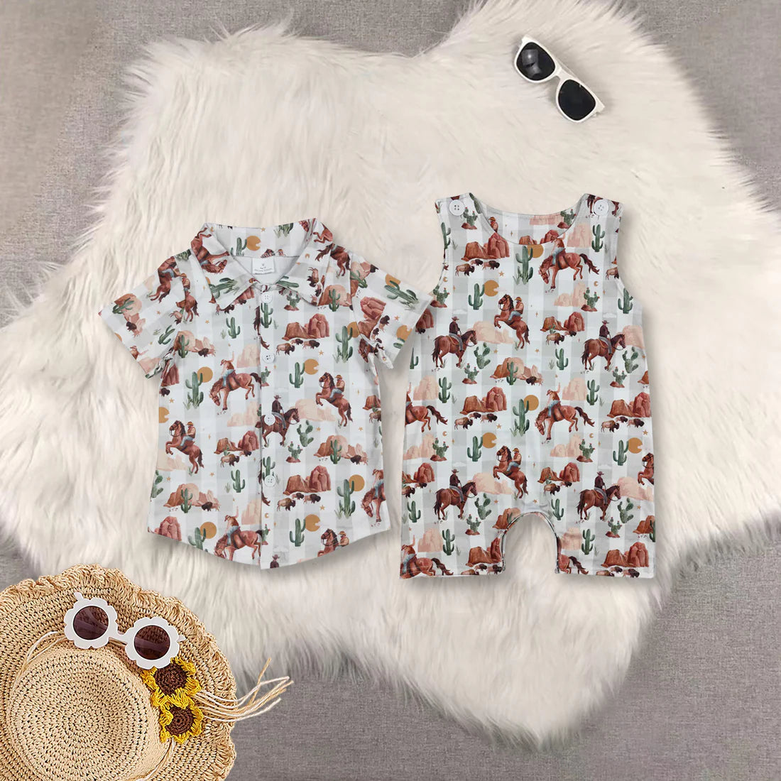 Cowboy Cactus Western Print Brothers Summer Matching Clothes