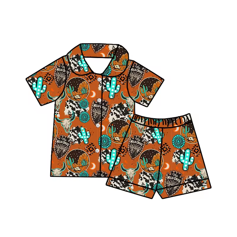 (Custom Design Preorder MOQ 5) Turquoise Cactus Aztec Print Boys Summer Pajamas Western Clothes Set