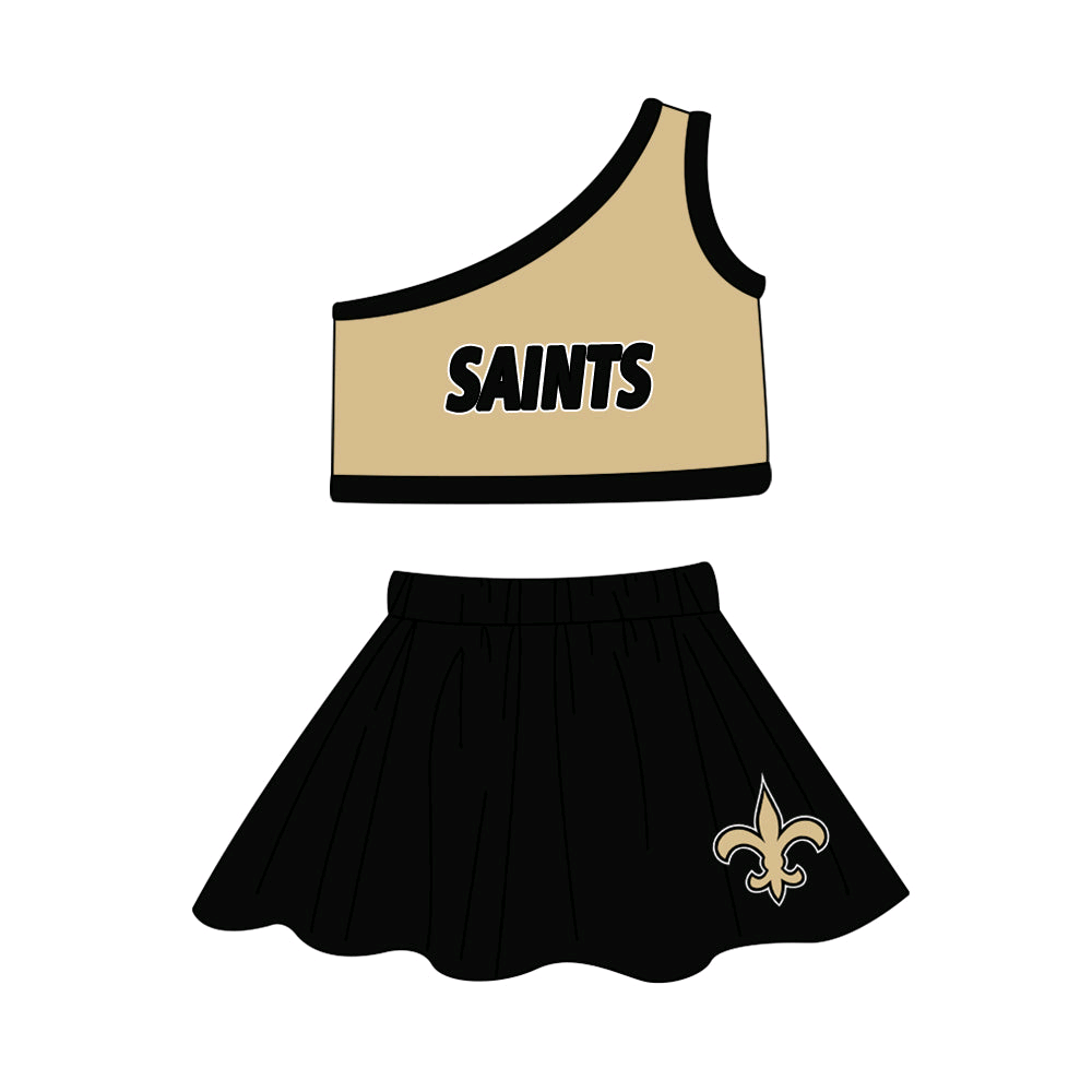 (Custom Design Preorder MOQ 5) Team's SAINTS Print One Shoulder Sleeve Top Skirts Shorts Girls Summer Clothes Set