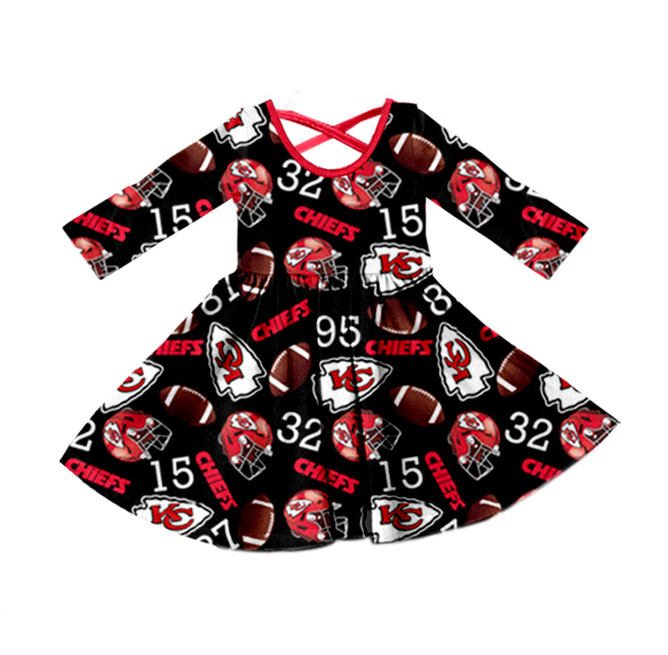 (Custom Design Preorder MOQ 5) Team's KC Black Print Girls Fall Knee Length Dress