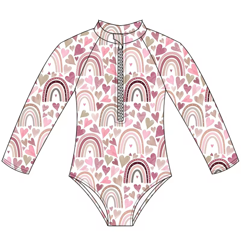 (Custom Design Preorder MOQ 5) Pink Heart Rainbow Print Girls 1 Piece Long Sleeve Zipper Swimsuits
