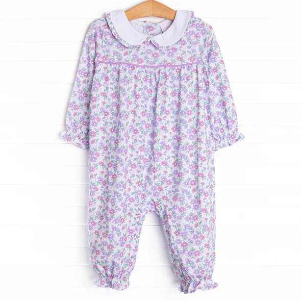 (Custom Design Preorder MOQ 5) Pink Purple Flowers Print Baby Girls Spring Romper