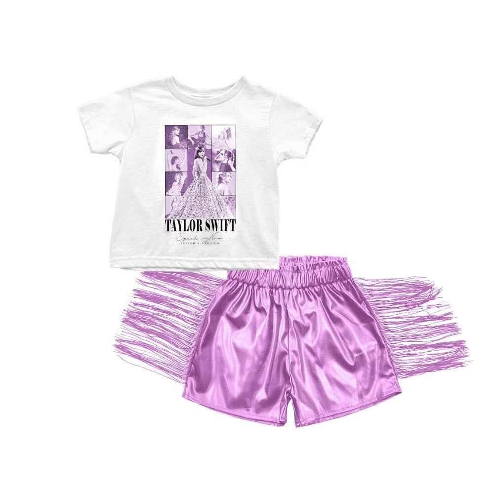 (Custom Design Preorder MOQ 5) Singer Swiftie Top Purple Tassels Leather Shorts Girls Summer Clothes Set