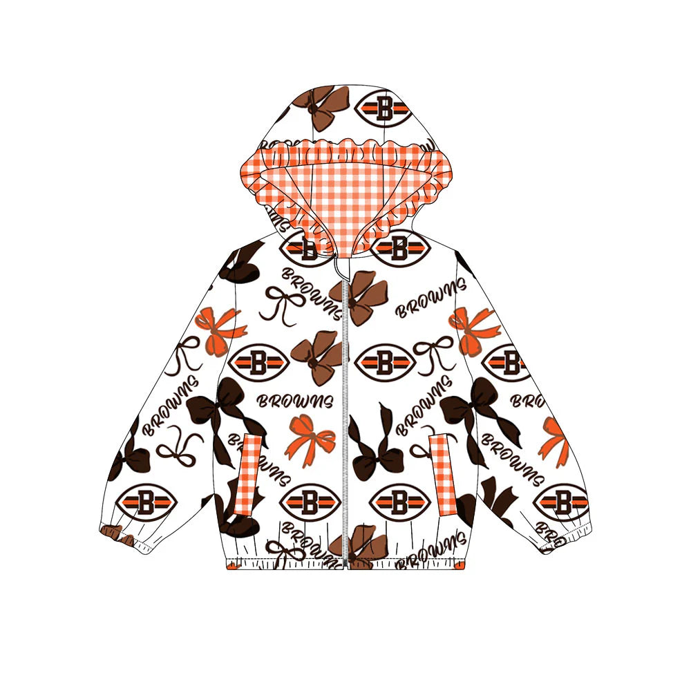 (Custom Design Preorder MOQ 5) Team's BROWNS Bows Print Pockets Girls Long Sleeve Zipper Jackets Top