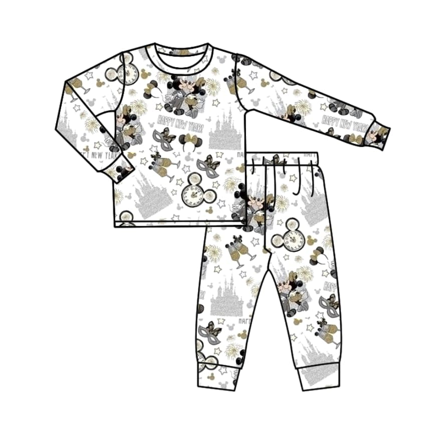(Custom Design Preorder MOQ 5) Cartoon Mouse Print Kids Happy New Year Pajamas Clothes Set