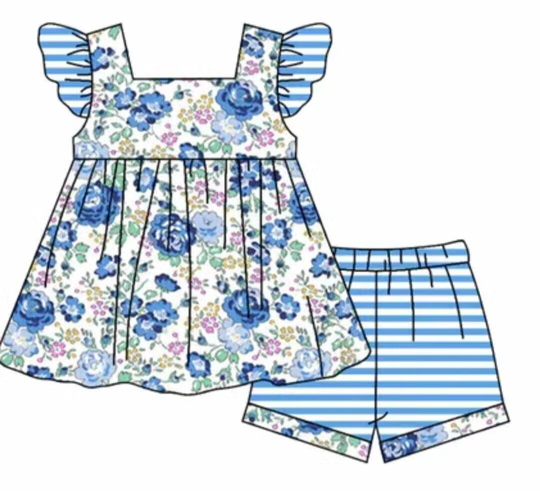 (Custom Design Preorder MOQ 5) Blue Flowers Top Stripes Shorts Girls Summer Clothes Set