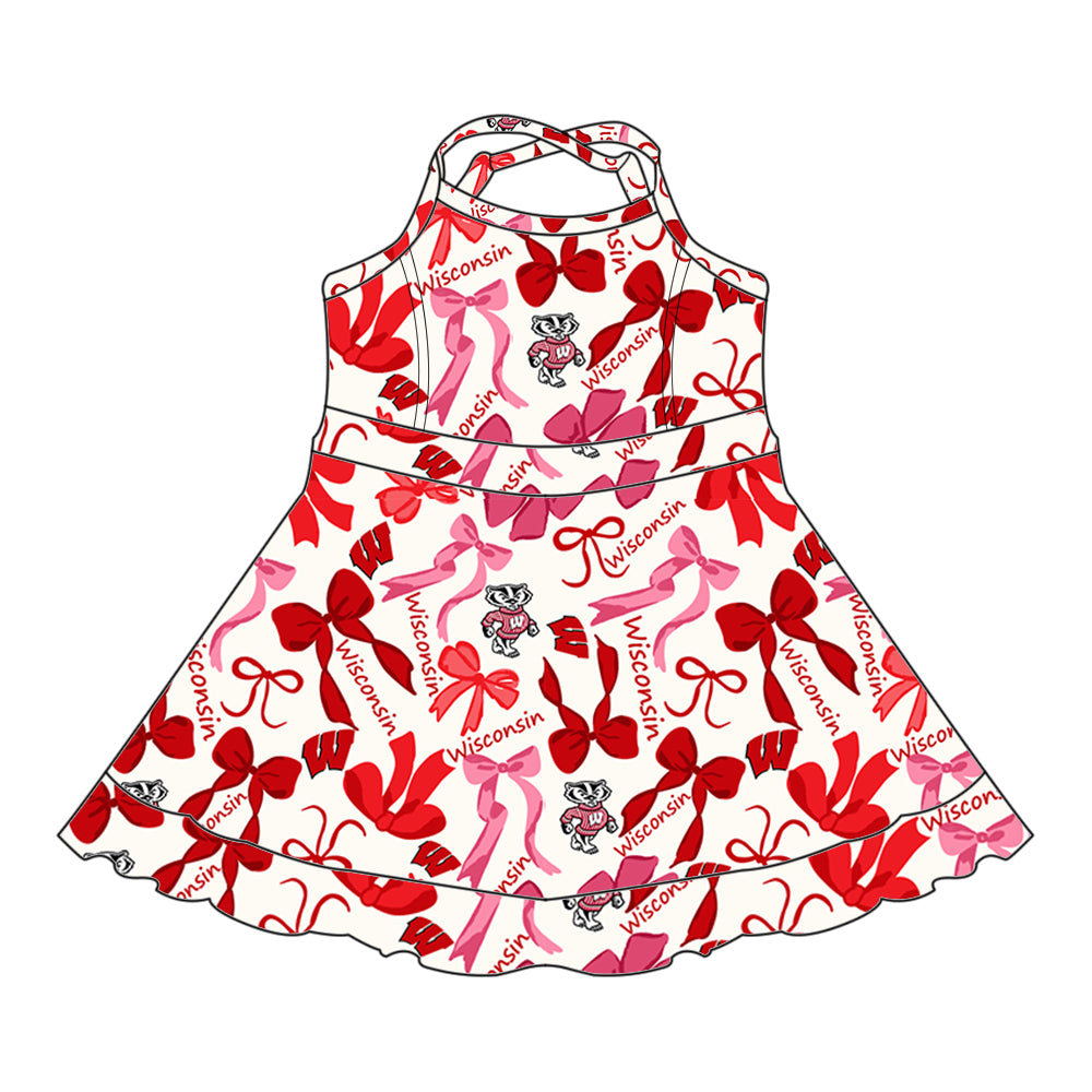 (Custom Design Preorder MOQ 5 Each Color) Team's Wisconsin Bows Print Girls Summer Clothes Sisters Matching Wear