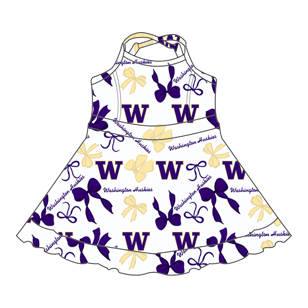 (Custom Design Preorder MOQ 5 Each Color) Team's Washington Huskies Bows Print Girls Summer Clothes Sisters Matching Wear