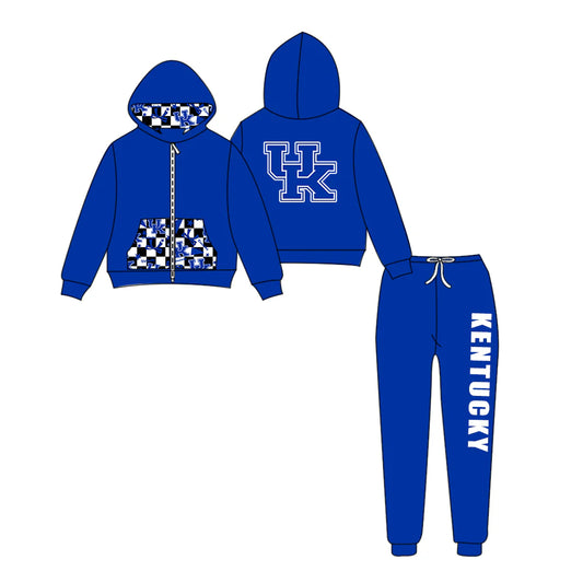 (Custom Design Preorder MOQ 5) Team's KENTUCKY Zipper Hoodie Top Blue Pants Kids Fall Clothes Set