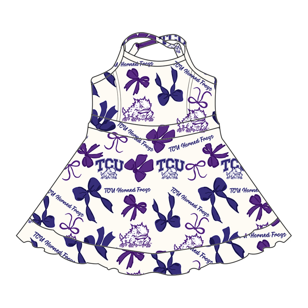 (Custom Design Preorder MOQ 5 Each Color) Team's TCU Horned Frogs Bows Print Girls Summer Clothes Sisters Matching Wear