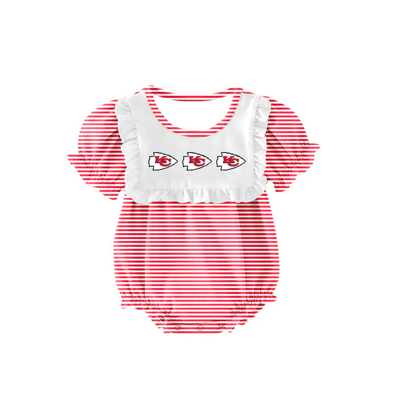 (Custom Design Preorder MOQ 5) Team's Chiefs Stripes Print Baby Girls Summer Bubble Romper