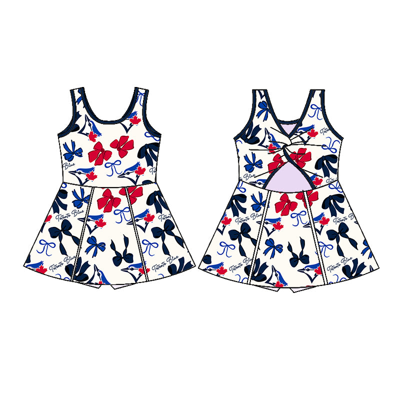 (Custom Design Preorder MOQ 5 Each Color) Team's TOTONTO BLUE Bows Print Girls Summer Clothes Sisters Matching Wear
