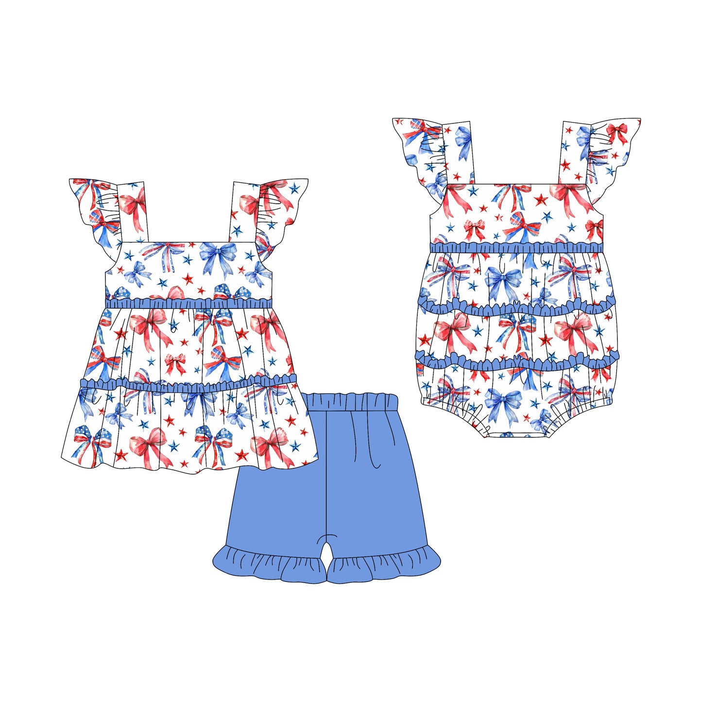 3.7(Custom Design Preorder MOQ 5 Each Design) Red Blue Bows Print Girls 4th of July Matching Clothes Sisters Wear