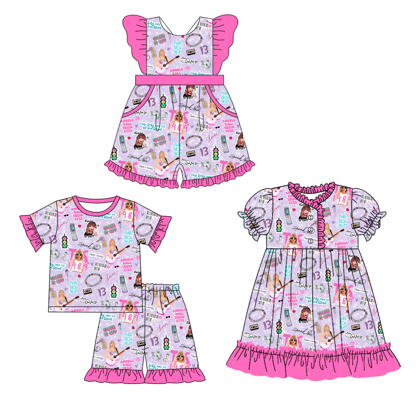 12.9(Custom Design Preorder MOQ 5 Each Design) Singer Swiftie Purple Print Girls Summer Matching Clothes Sisters Wear