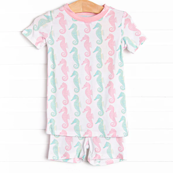 (Custom Design Preorder MOQ 5) Sea Horse Print Girls Summer Pajamas Clothes Set