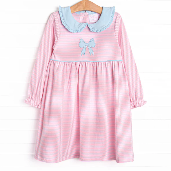 (Custom Design Preorder MOQ 5 ) Bows Pink Stripes Print Girls Fall Knee Length Dress