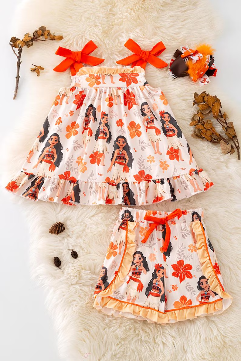 (Custom Design Preorder MOQ 5) Cartoon Princess Tunic Top Ruffle Shorts Girls Summer Clothes Set