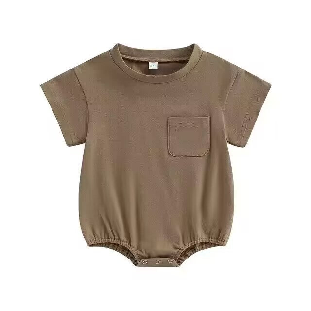 (Custom Design Preorder MOQ 5) Brown Color Pocket Baby Summer Romper