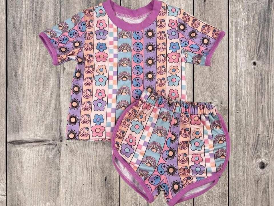(Custom Design Preorder MOQ 5) Purple Flowers Print Girls Summer Clothes Set