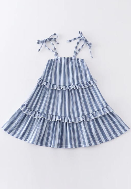 (Custom Design Preorder MOQ 5) Blue Stripes Print Girls Summer Knee Length Strap Dress