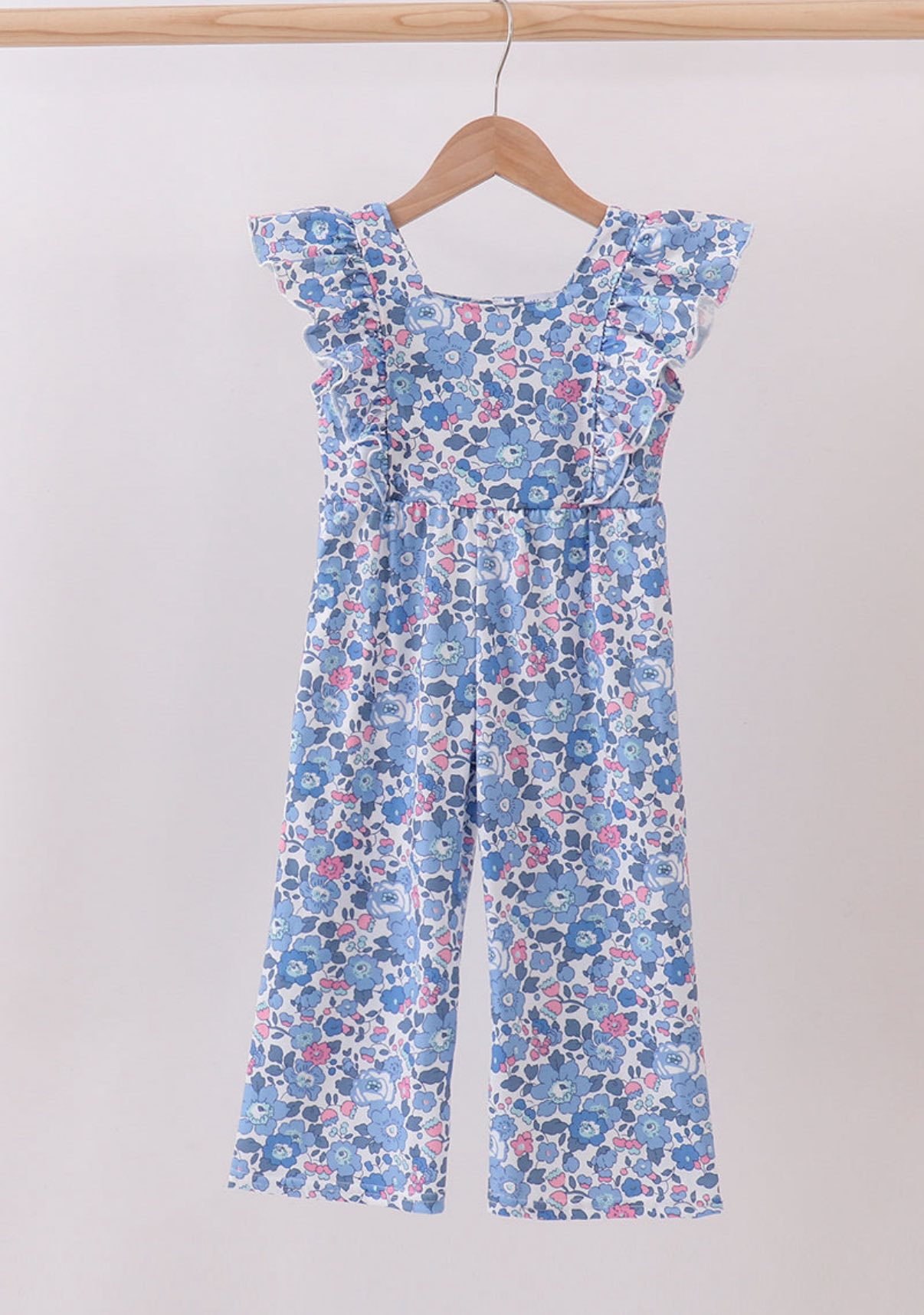(Custom Design Preorder MOQ 5) Blue Flowers Print Girls Summer Jumpsuits