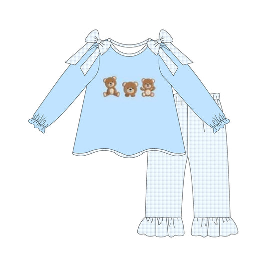 (Custom Design Preorder MOQ 5) Cute Bear Blue Top Plaid Pants Girls Fall Clothes Set
