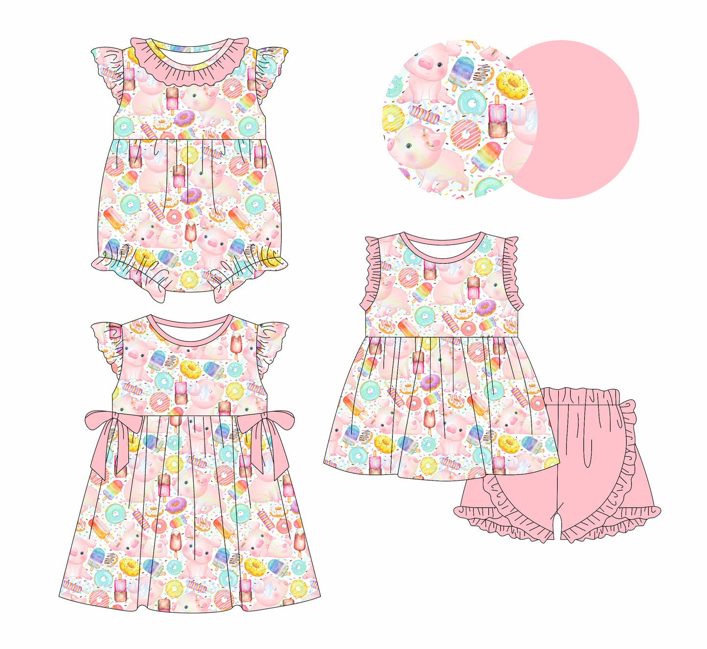 1.6(Custom Design Preorder MOQ 5 Each Design) Pig Doughnut Print Girls Summer Matching Clothes Sisters Wear
