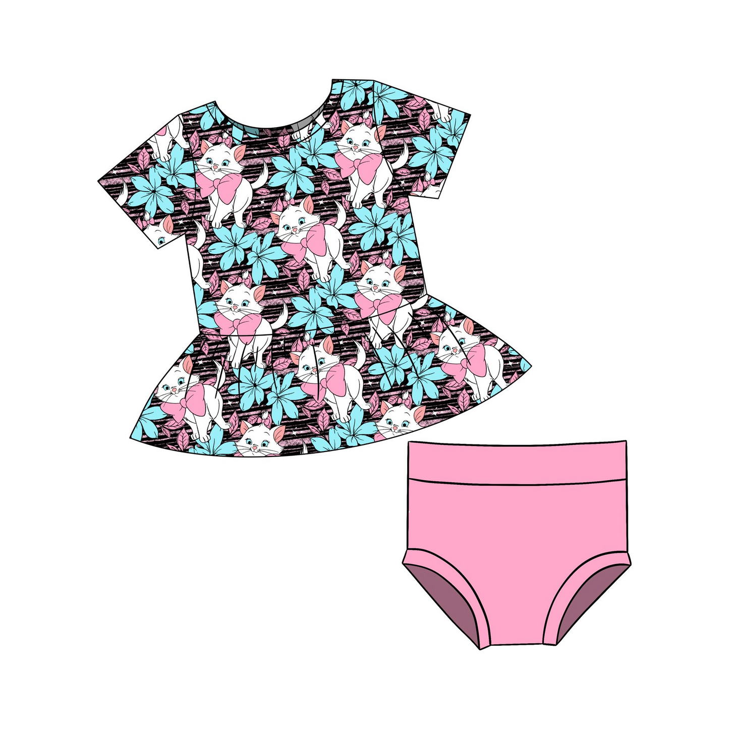 (Custom Design Preorder MOQ 5) Cat Flowers Print Baby Girls Summer Bummie Sets